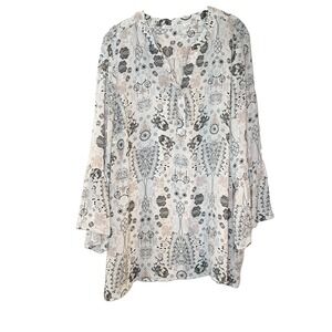 Violet + Claire Blouse 2X White Floral V Neck Tunic Bell Sleeve Boho Peasant